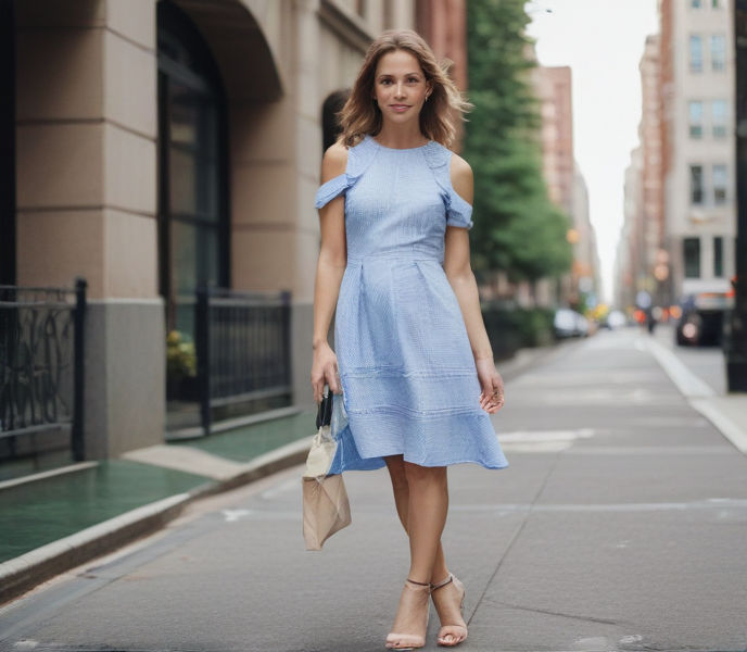 A stylish mom effortlessly navigates with a tech-infused dress, seamlessly blending fashion and functionality amidst cityscape.