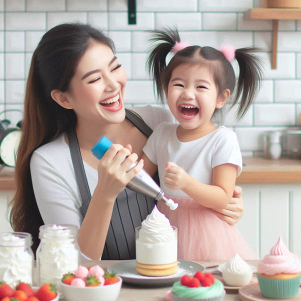 A mother and child happily using a whipped cream charger in the kitchen, surrounded by colorful treats.