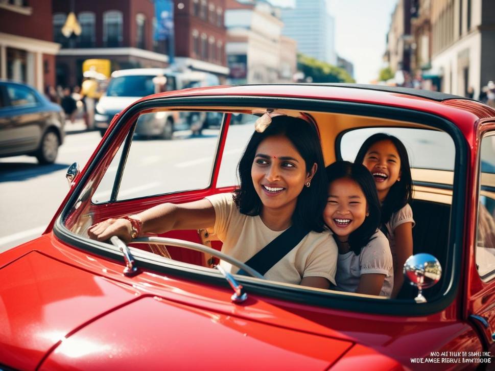 Mom driving small city car with two kids laughing in bright urban setting.